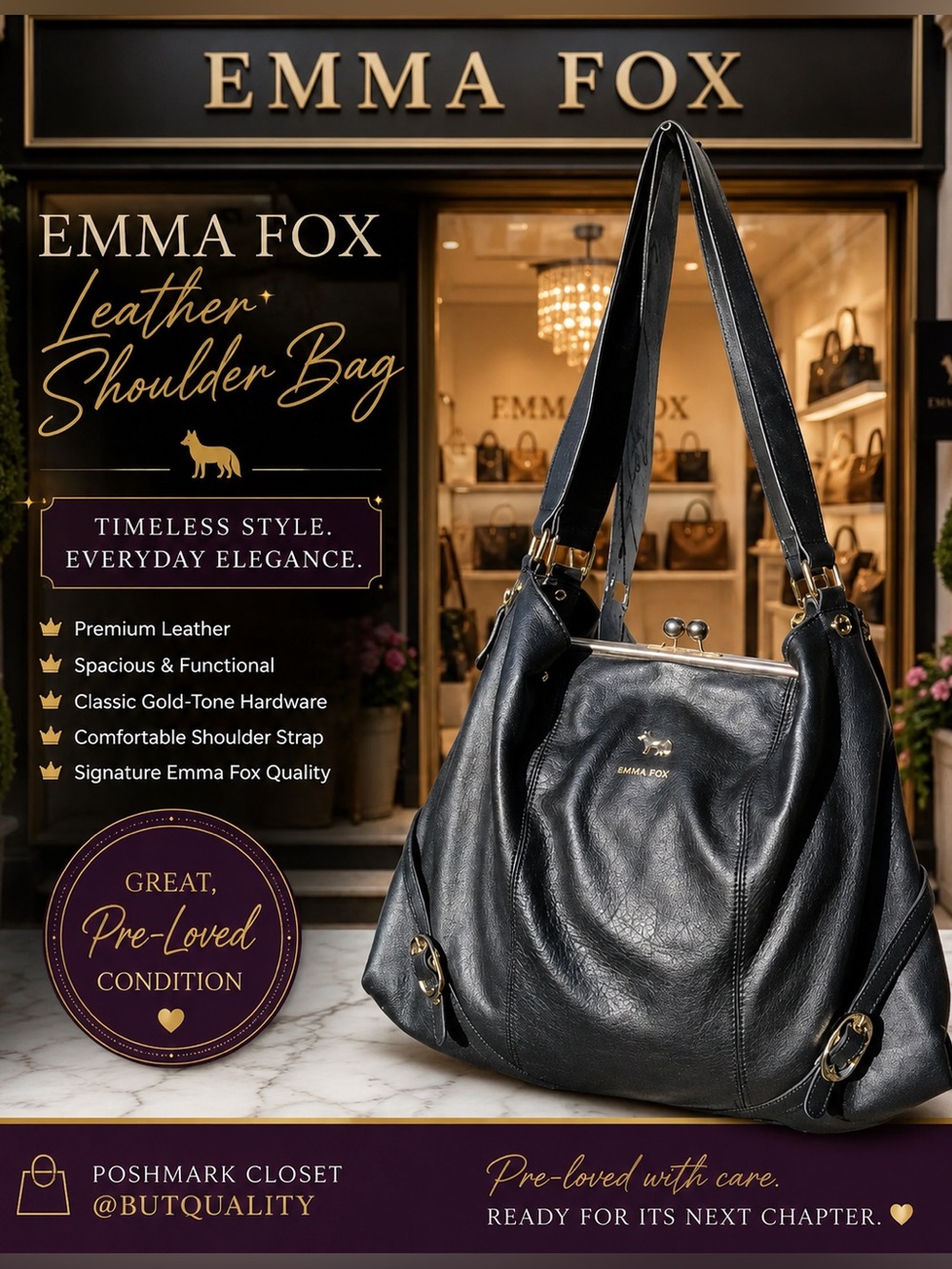 Emma Fox Black Genuine Leather Hobo Bag with Gold Hardware🔥